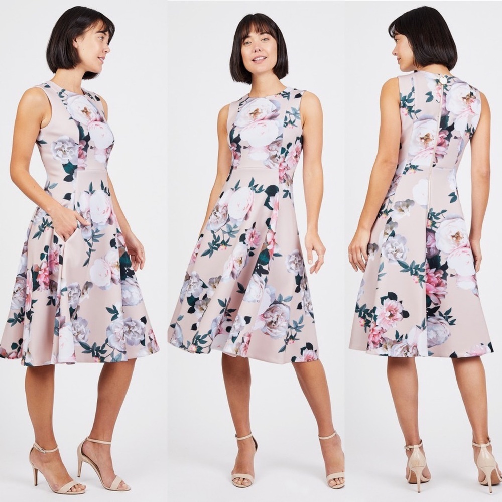 Calvin Klein Floral Print Fit & Flare Sleeveless Light Pink/Beige Midi Dress 14